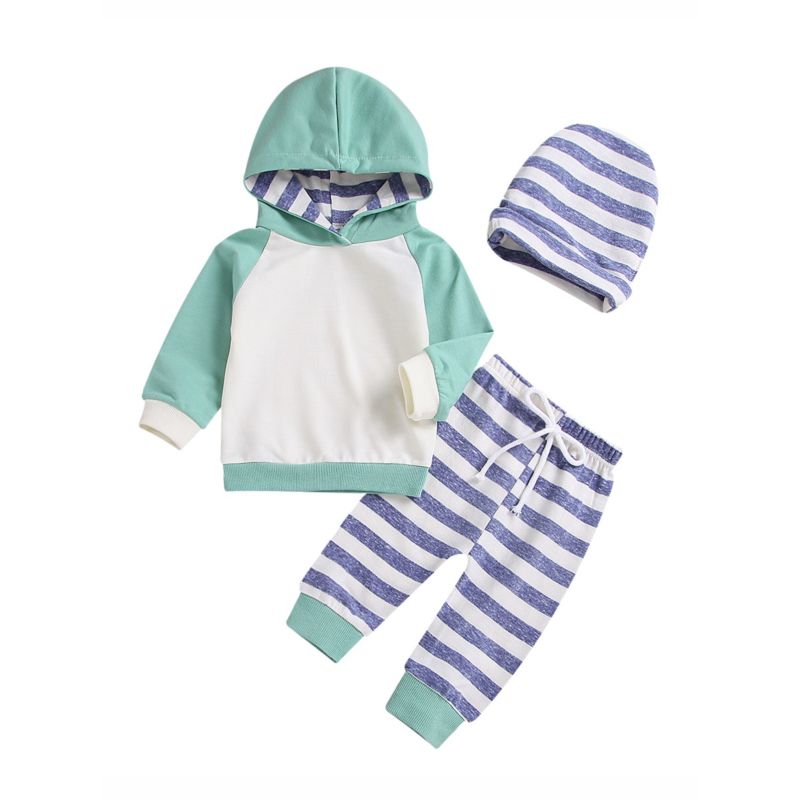 Baby Boy Color Blocking Hoodie & Stripe Pants Set with Hat