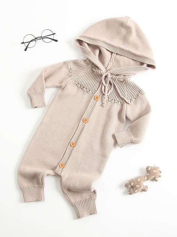 Grey Hooded Button-up Long Sleeve Romper