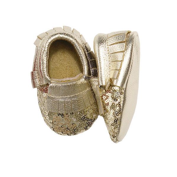 Gold Sequin Metallic Leather Baby Moccasins